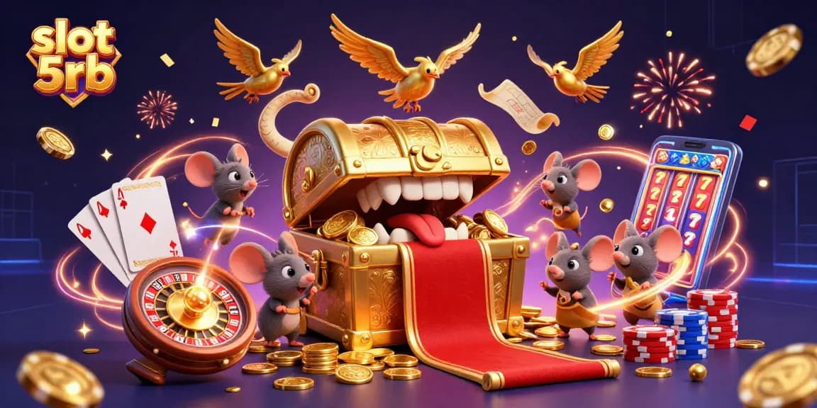 Experience the thrill of slot 5rb with cascading coins and lucky symbols in a vibrant casino scene.