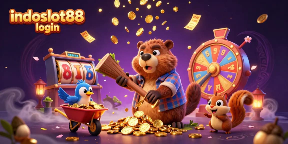 Win big with indoslot88 login as a beaver gathers coins in a dazzling casino scene.