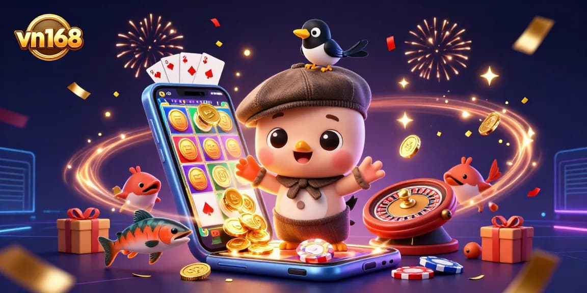 Bet on slots and jackpots at vn168 with 3D characters enjoying a vibrant gaming scene