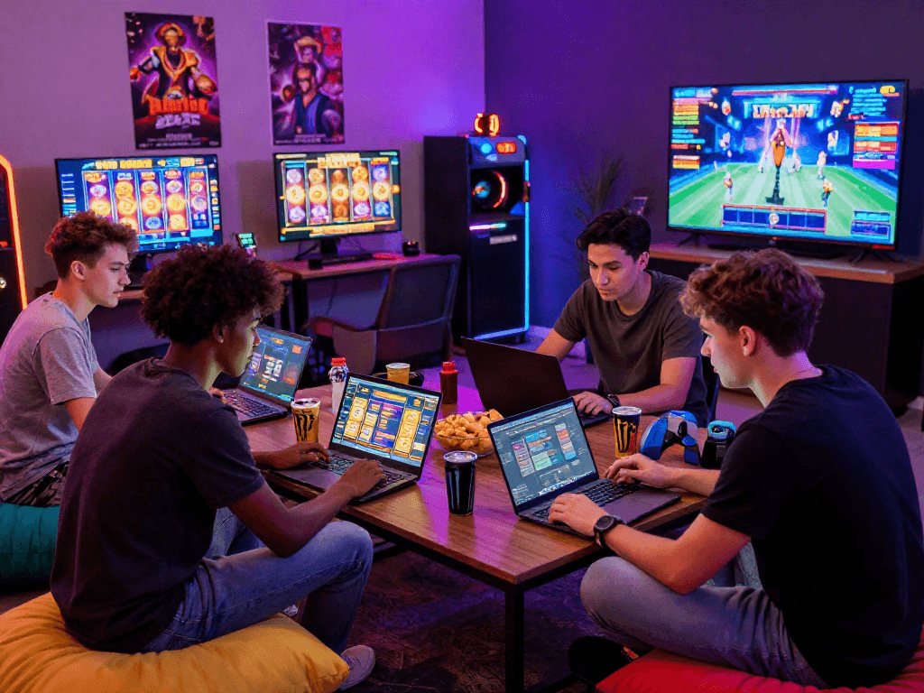 Friends playing bandar slot games together in a lively gaming atmosphere with neon lights and snacks.
