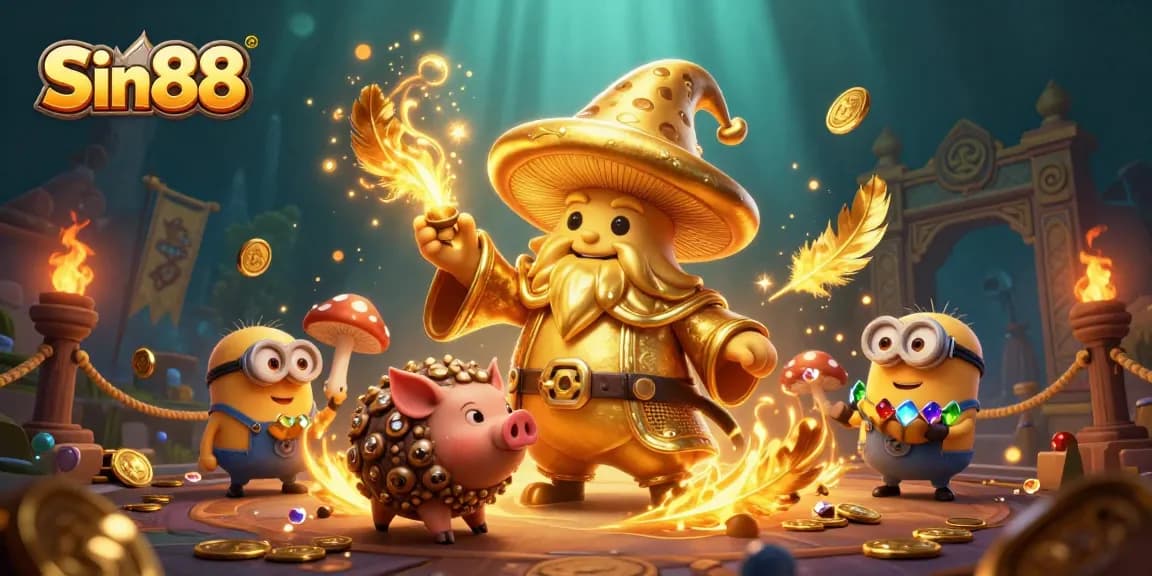 Engage in thrilling gameplay at Sin88, where the wizard transforms everything into gold amidst a vibrant casino scene.