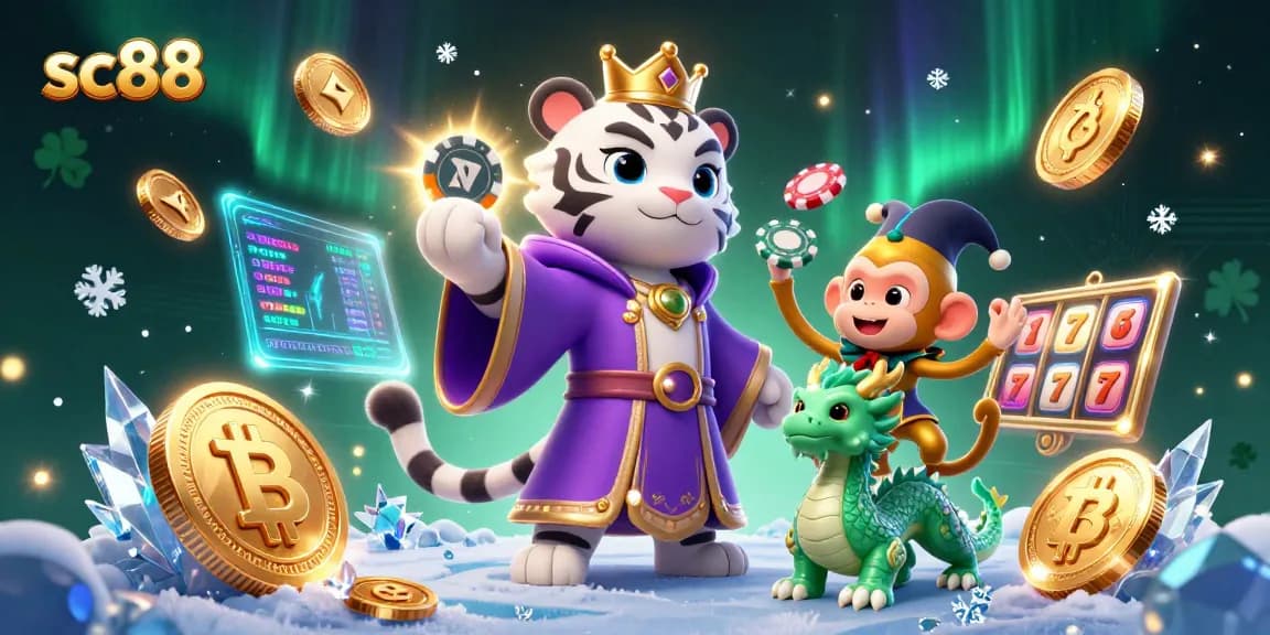 Experience the vibrant energy of sc88 in a 3D illustration featuring a majestic tiger and playful monkey embodying online casino excitement.