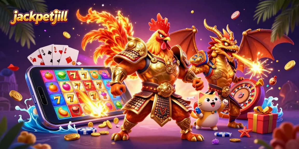 Experience the thrill of jackpotjill with a dynamic scene of a rooster warrior and dragon hatchling.