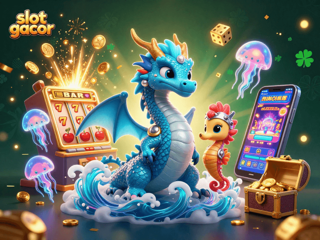 Permainan slot gacor menampilkan naga air 3D, kuda laut, dan mesin slot dengan jackpot besar.