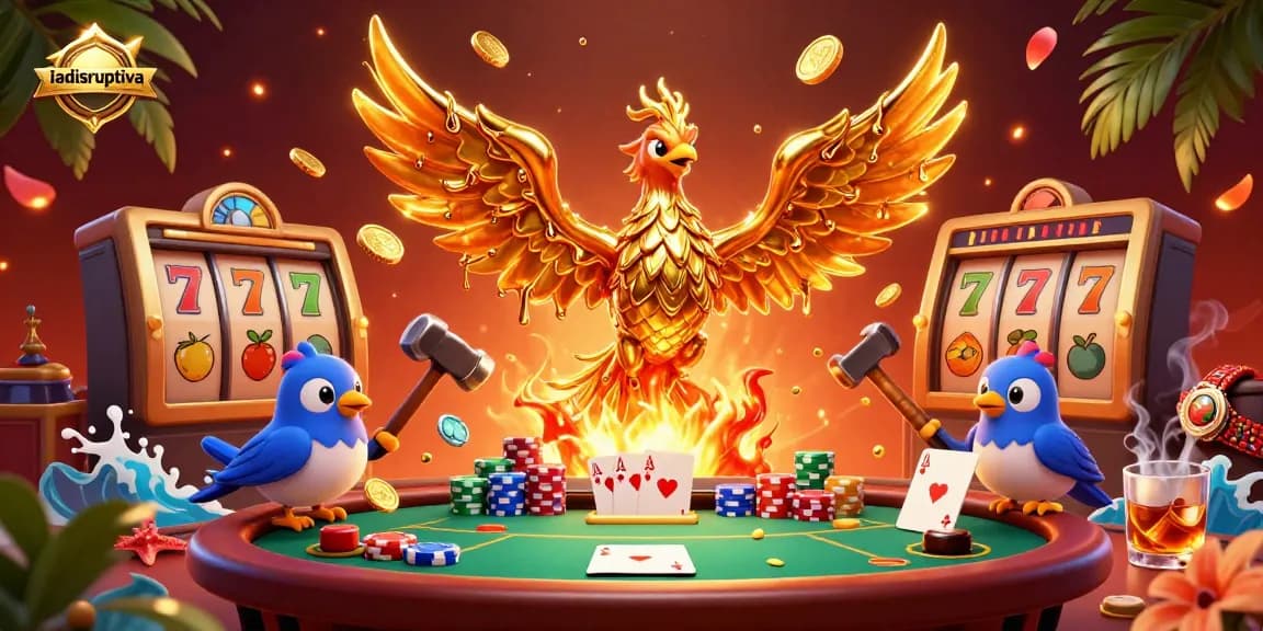 Menang besar di iadisruptiva: ilustrasi kasino 3D dengan slot, jackpot, dan phoenix emas.