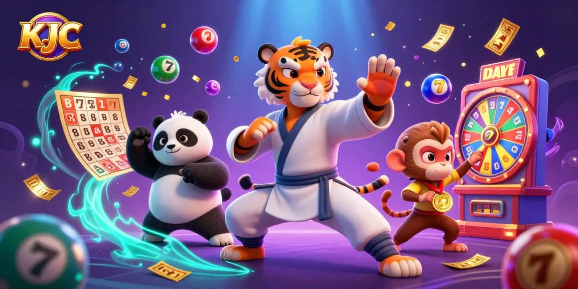 Engage in thrilling gaming at KJC with a 3D cartoon kung fu tiger and panda amidst vibrant lottery and slot game elements.