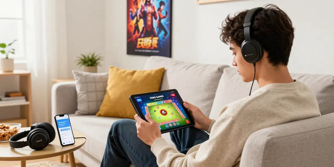 Youth enjoying the yonogamesoriginal bonus on a tablet gaming in a cozy home setting.