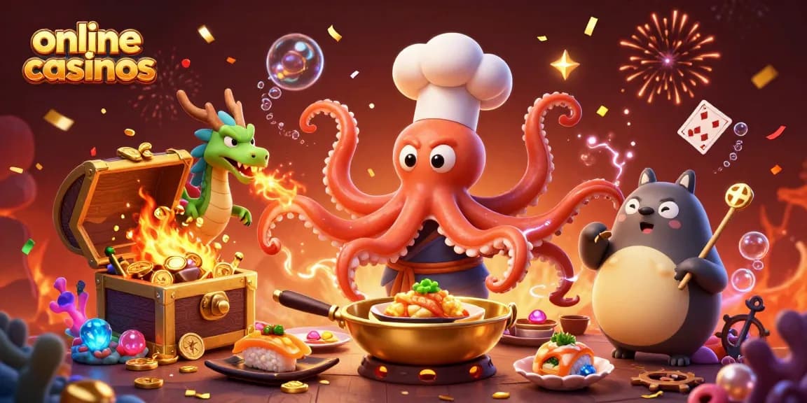 Engage in thrilling online casinos with vibrant 3D casino characters and games featuring a sushi chef octopus.