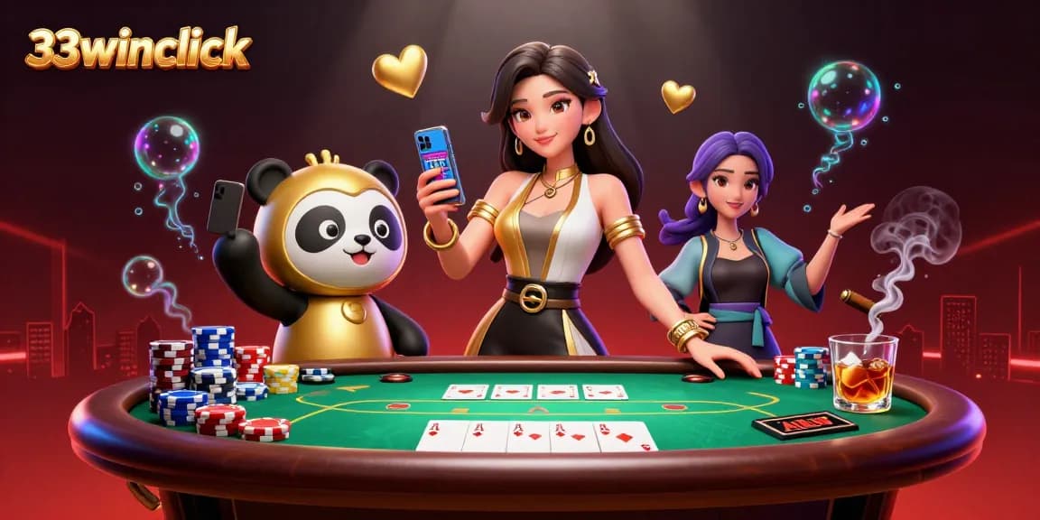 Engage in thrilling games at 33winclick, as a skilled gambler interacts with a vibrant casino scene.