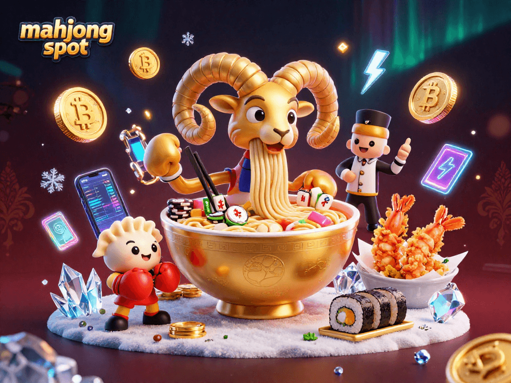 Engage with Mahjong slot gaming in this lively illustration showcasing vibrant characters and crypto elements.