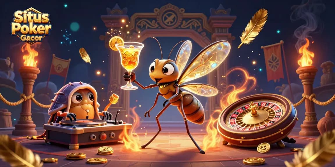 Situs Poker Gacor showcases animated characters in a vibrant casino scene filled with gold and energy.