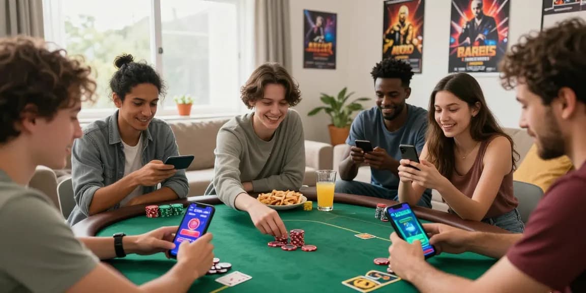 Friends enjoying a game of poker on smartphones, celebrating thrilling moments together.