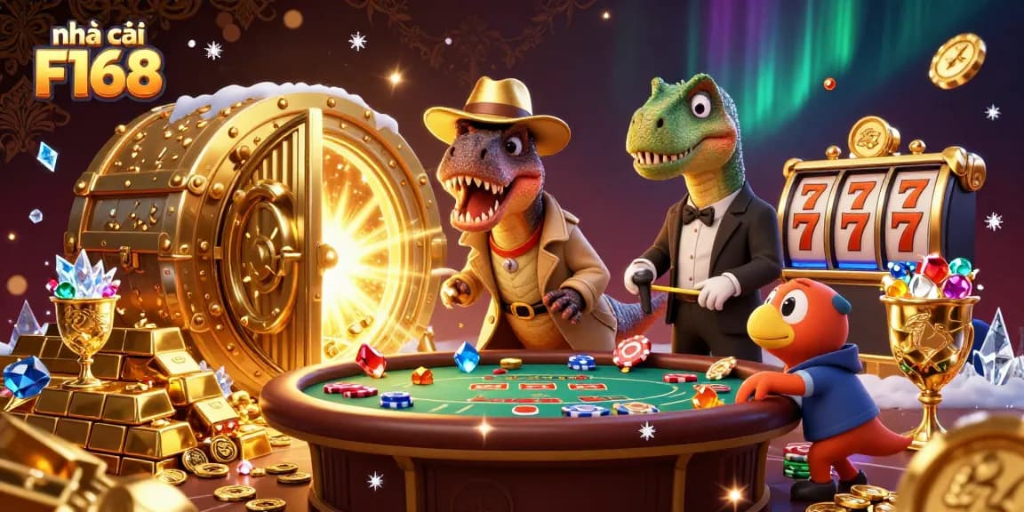 Experience the thrilling atmosphere of nhà cái F168 with a velociraptor card counter at a blackjack table amidst gold treasures.