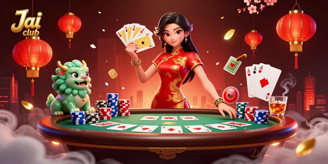 Engage in exciting poker action at Jai club with elegant characters and vibrant casino elements.