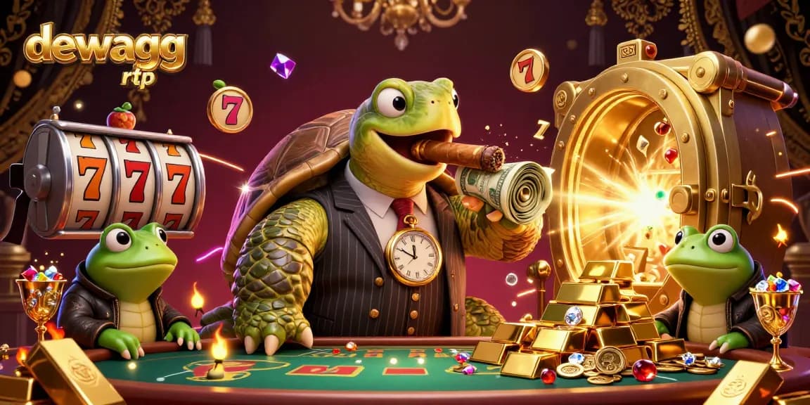 Engage with dewagg rtp in an immersive 3D casino scene featuring a snapping turtle mobster and bullfrog enforcers.