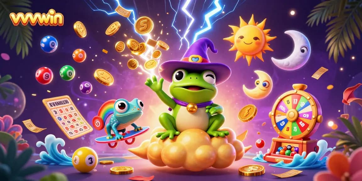Experience exciting gaming with vvvwin as colorful lottery balls bounce in a magical storm.