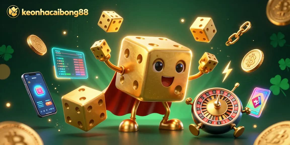 Engage with keonhacaibong88 in this vibrant 3D gambling casino illustration featuring dynamic game elements.