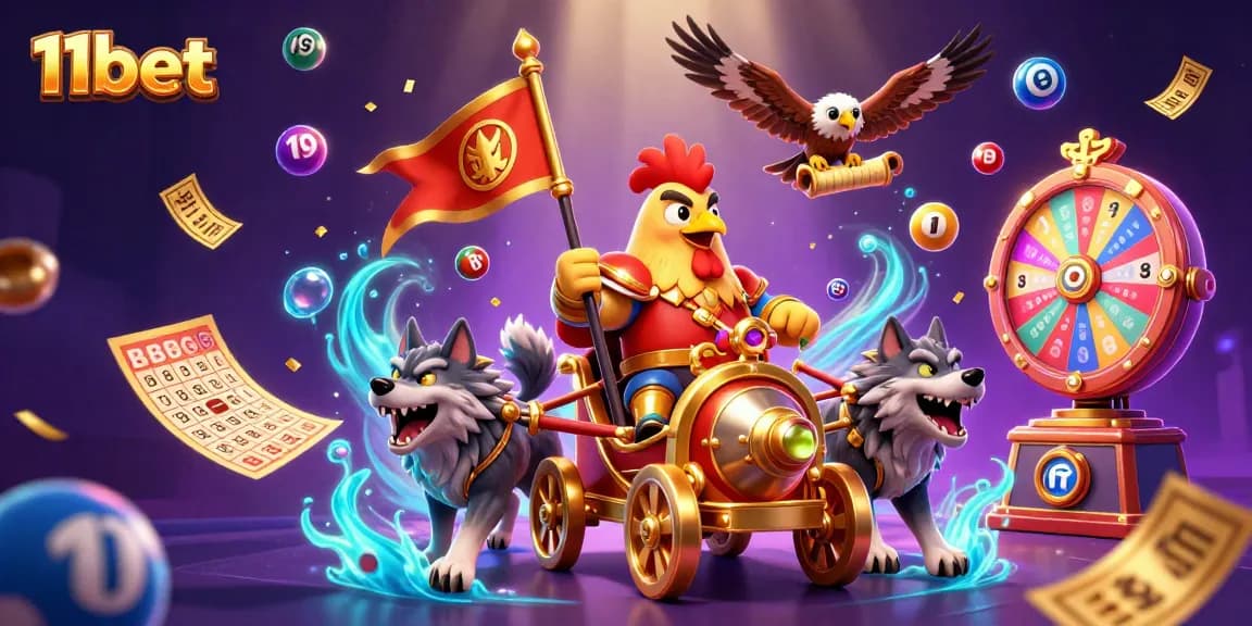 Win dynamic prizes with 11bet in this vibrant, detailed casino illustration.