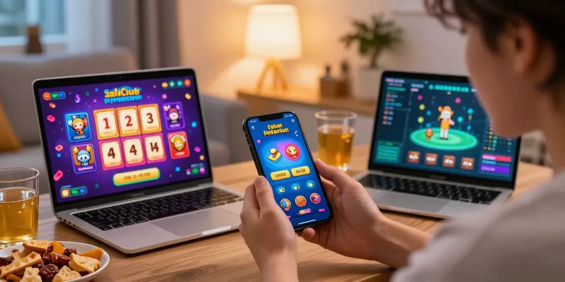 Engaging scene of a user playing JaiClub on a smartphone amidst gaming icons and a cozy setting.