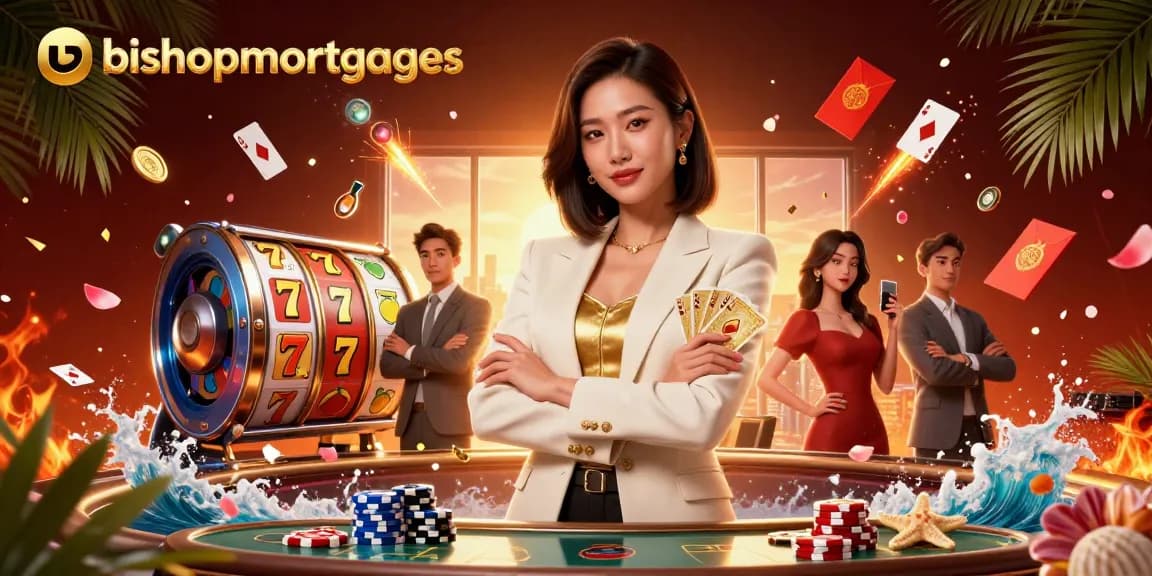 Win big at bishopmortgages with dynamic 3D casino scene featuring elegant card player and vibrant slot games.