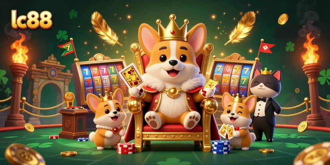 lc88 players spin vibrant slot reels amidst a 3D royal casino scene with golden tokens.