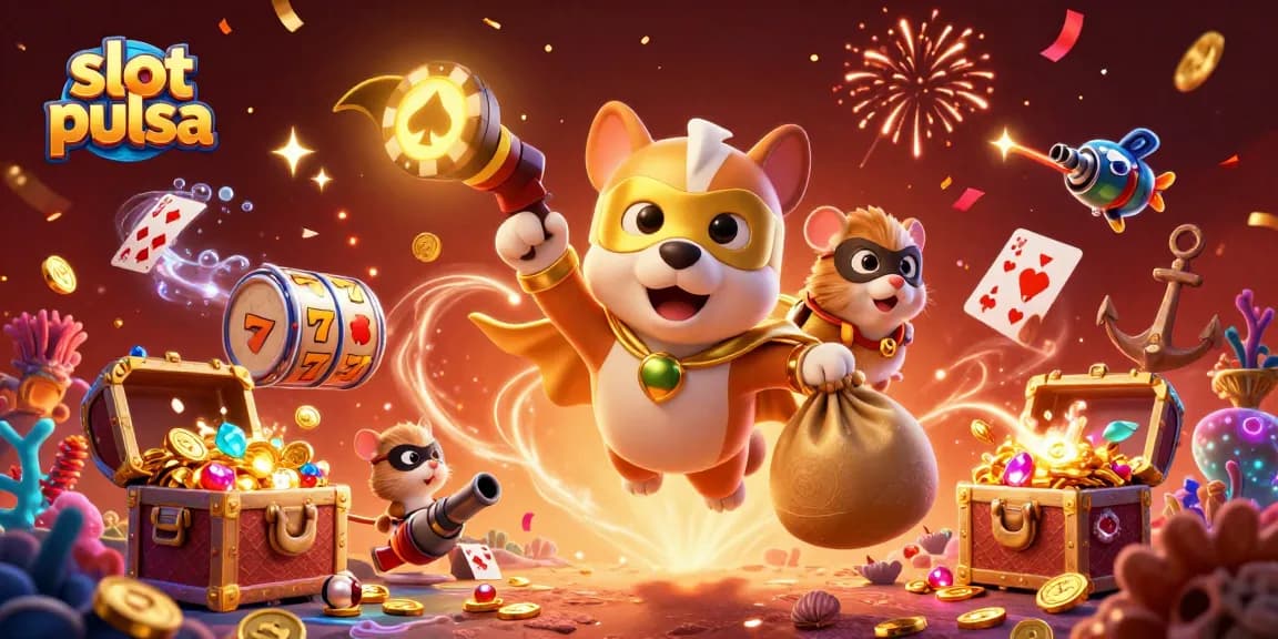Rasakan petualangan slot pulsa yang mendebarkan bersama anjing superhero dan hamster di tengah elemen kasino yang berwarna-warni.