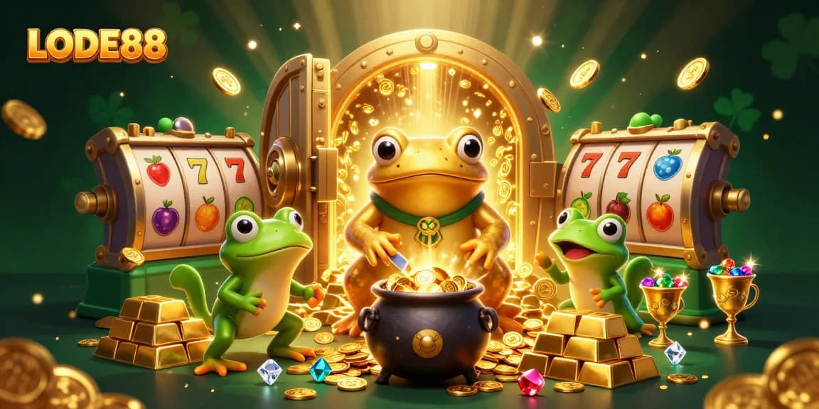 Win big with LODE88; a vibrant casino scene featuring golden coins and slot reels.
