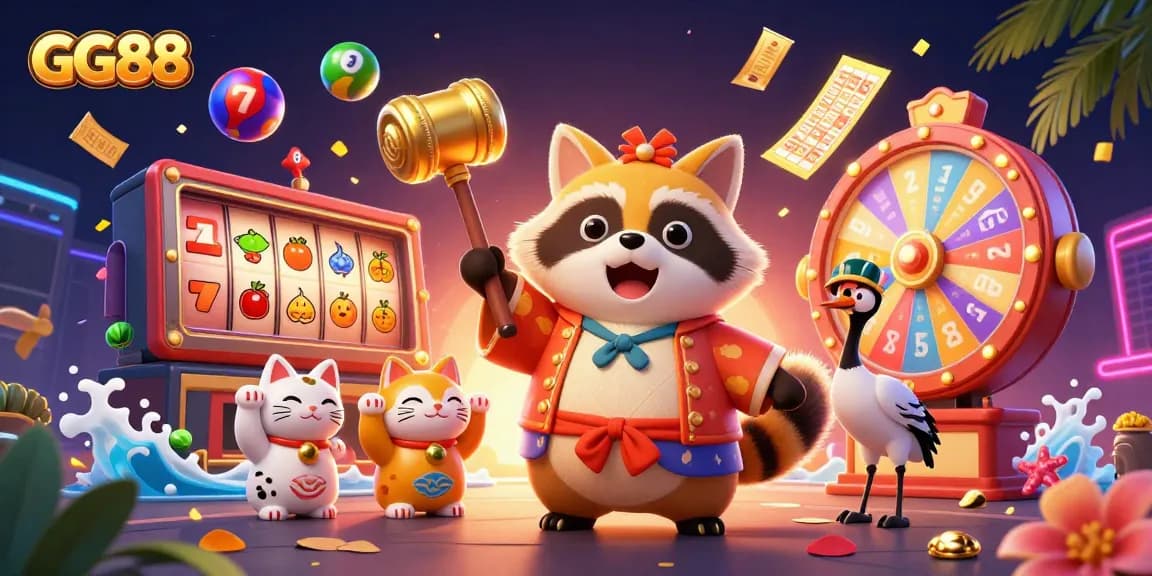 Win big with GG88 as the cheerful tanuki and friends celebrate casino fun!