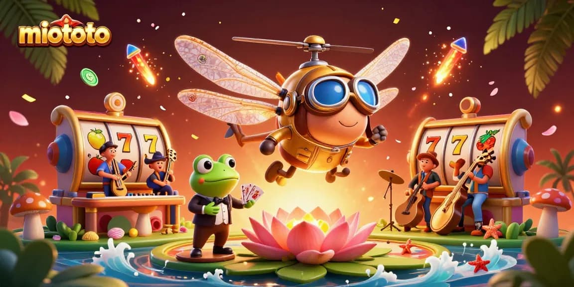 Experience the excitement at miototo with a lively casino scene featuring a dragonfly pilot and frog croupier.