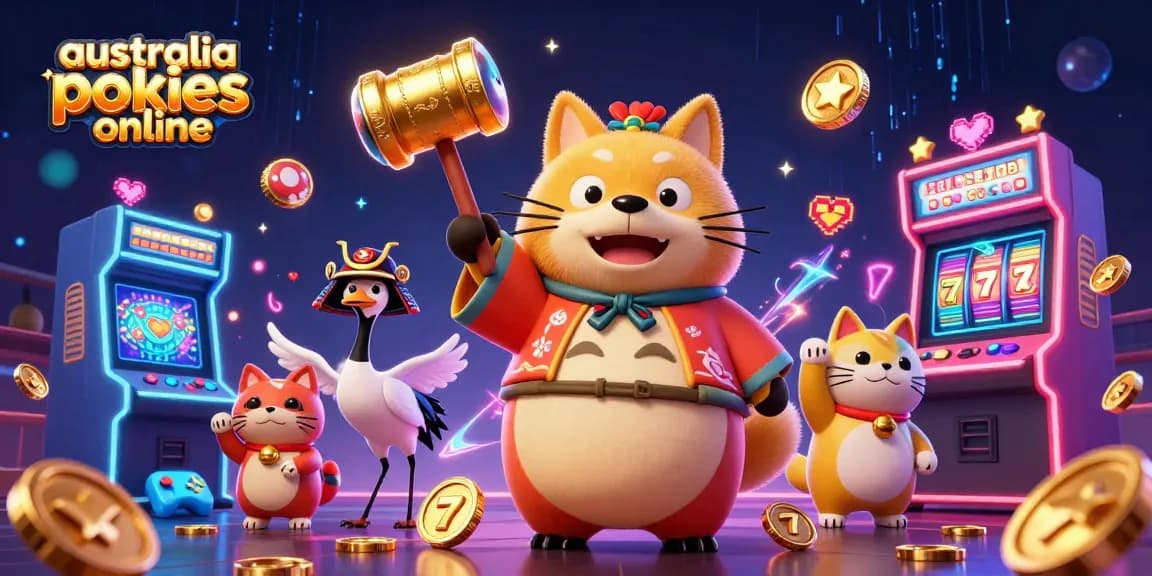 Play 3D animated australia pokies online with cheerful characters, neon arcade elements, and casino symbols.