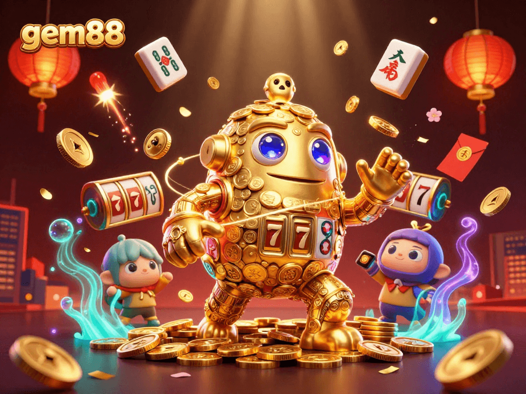 Experience gem88's vibrant casino scene with a golden golem and festive elements, showcasing luck and excitement.