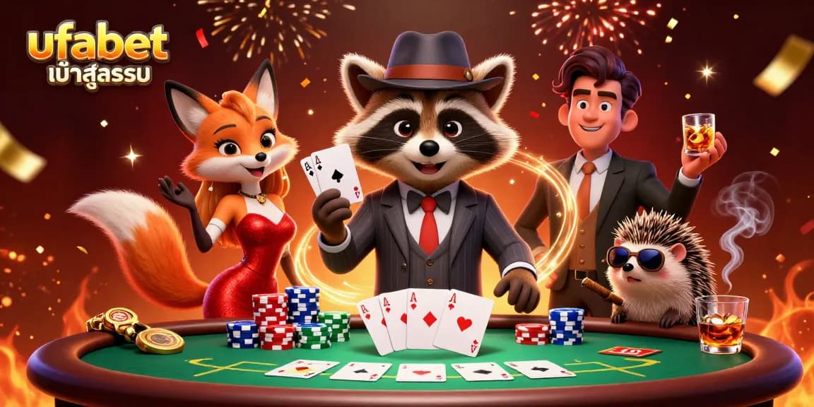 Experience ufabet เข้าสู่ระบบ with a dynamic poker scene featuring energetic characters and rich casino elements.