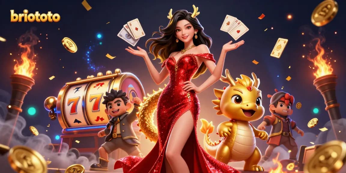 Briototo presents a captivating casino scene showcasing a confident Asian woman in a stunning gown, engaging players with exciting slot games.