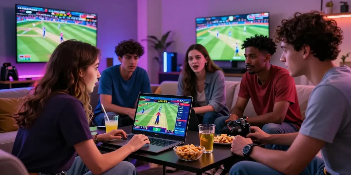 Friends enjoying cricket betting on lotus365 with vibrant gaming atmosphere at home.
