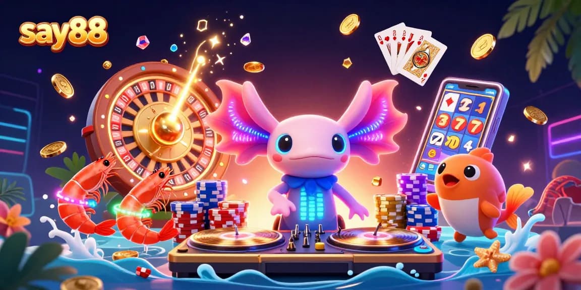 Experience excitement at say88 with vibrant casino elements, including a neon DJ and treasures!