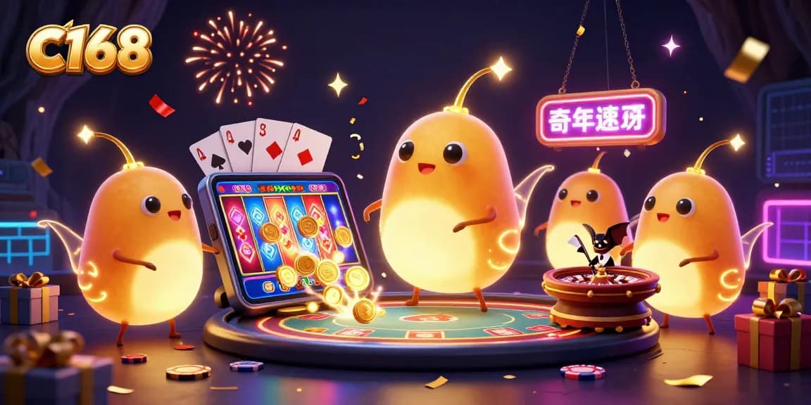 Engage with C168's vibrant cave casino, showcasing glowworms illuminating a poker table and dynamic gaming elements.