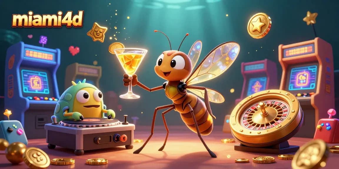 Engaging 3D illustration of miami4d featuring a mosquito mascot, trilobite DJ, and games elements.