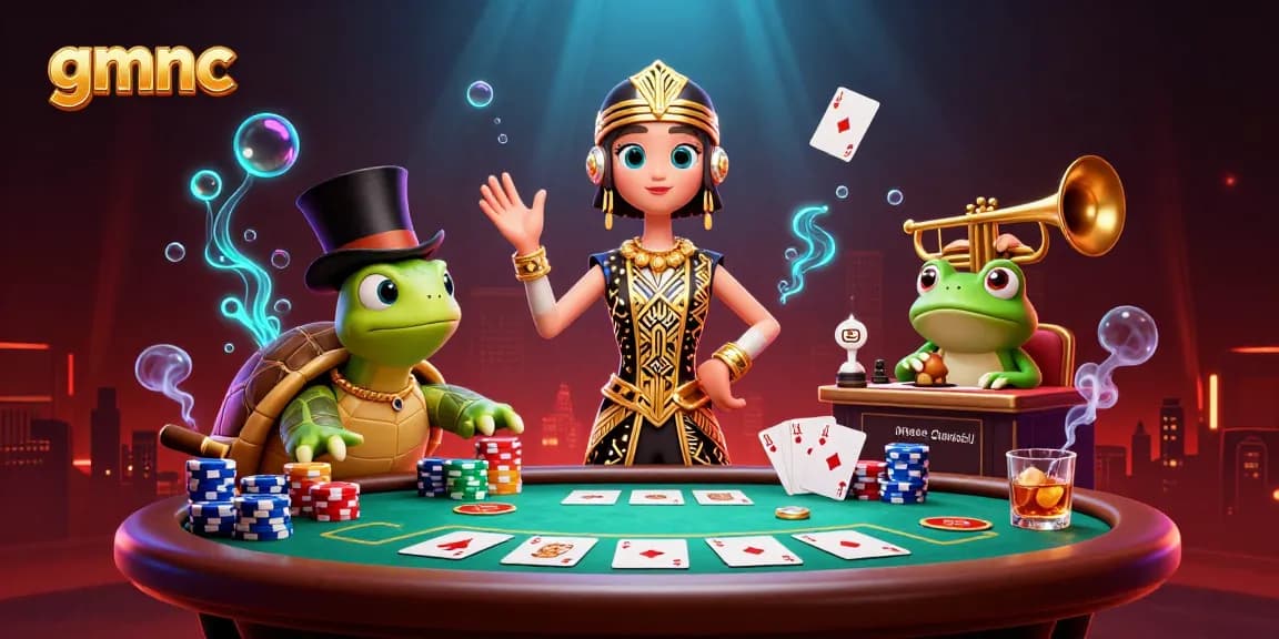 Experience gmnc at a vibrant speakeasy with 3D characters and casino elements.