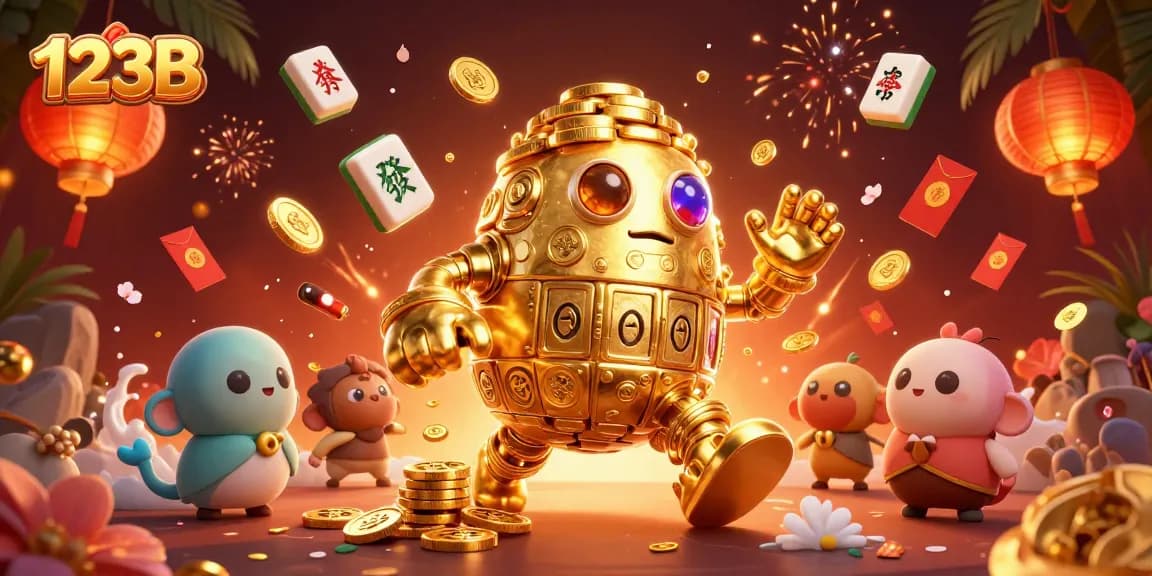 Engage with vibrant online gaming excitement at 123B with 3D casino illustration featuring a golden golem.
