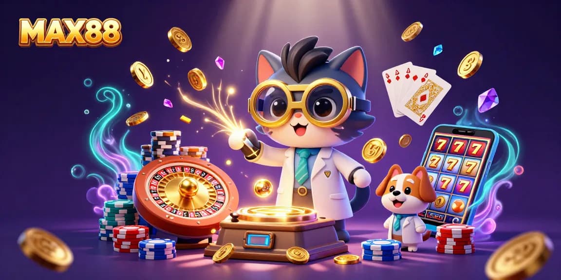 Experience gameplay excitement with MAX88, featuring a mad scientist cat and gold coin magic.