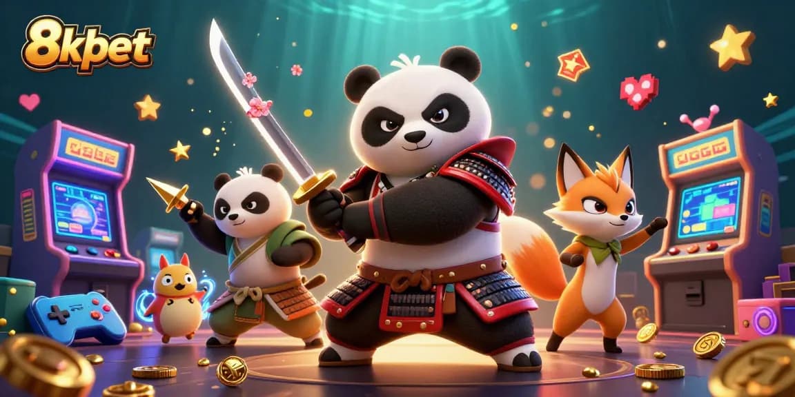 Engage with 8xbet's stunning casino activities, featuring a samurai panda and ninja fox in a vibrant 3D illustration.