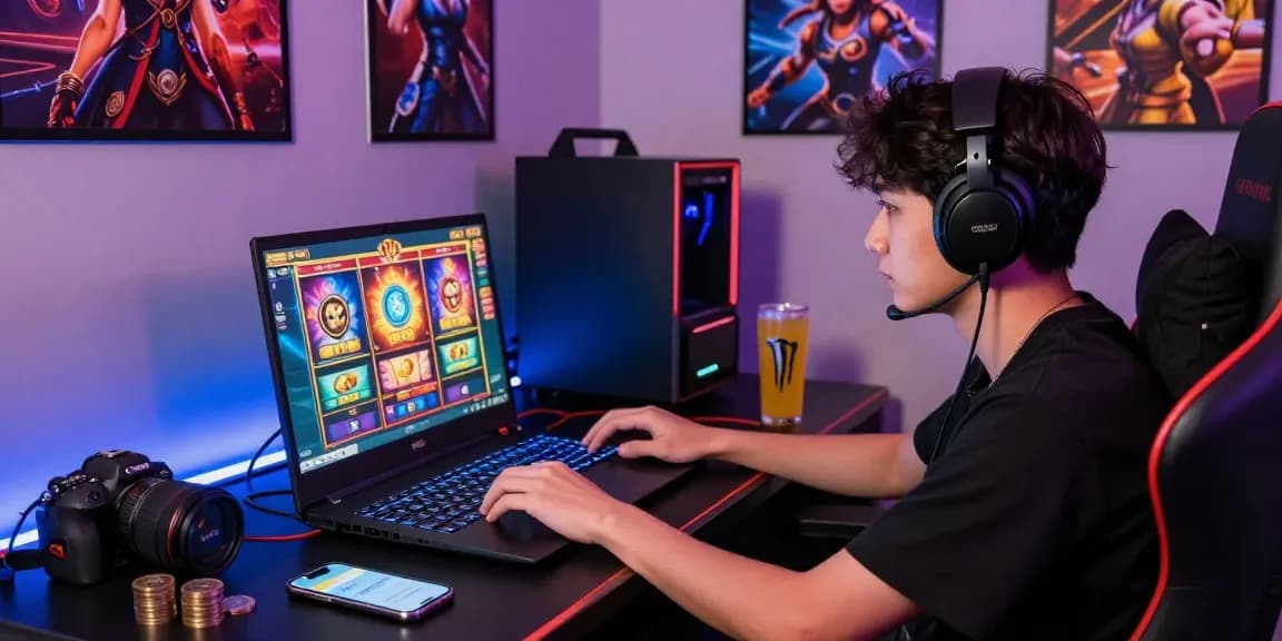 Excited player engaging in online slots at home, showcasing deposit pulsa tanpa potongan experience with vibrant gaming elements.