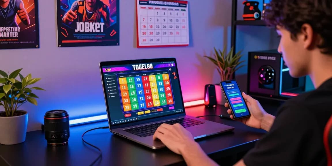 Dynamic player engaging with Pasaran Togel Terlengkap on TOGEL88 platform, surrounded by vibrant gaming elements.