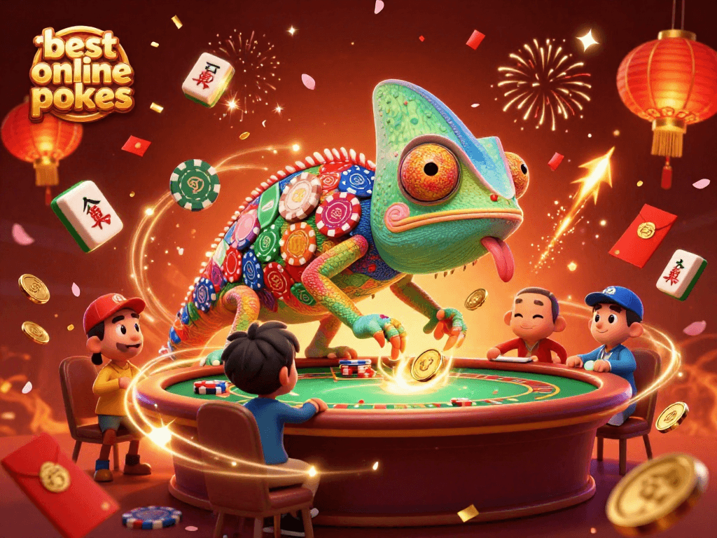Spin the best online pokies with a vibrant chameleon casino owner amidst vibrant celebrations.