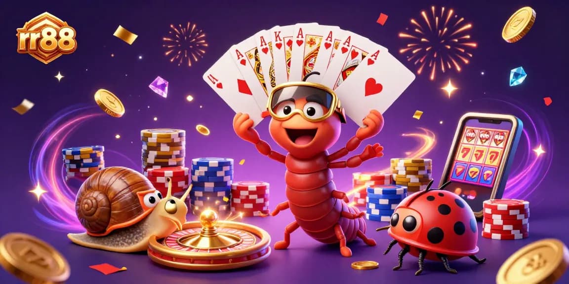Experience the excitement at rr 88 with a vibrant casino illustration showcasing a millipede dealer and high-roller snail.