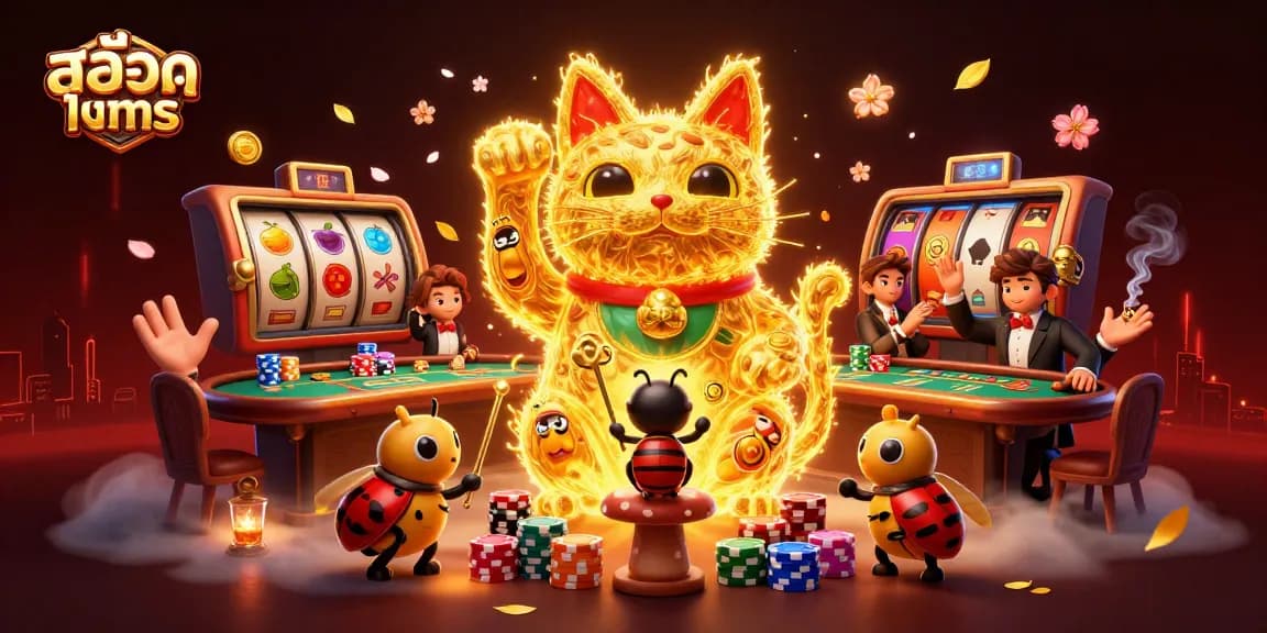 Permainan slot Slot Demo yang menyenangkan dengan simbol keberuntungan dan poker dalam ilustrasi 3D.