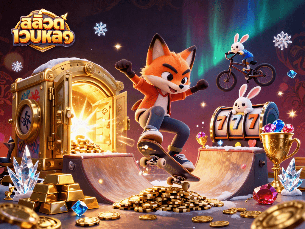 Experience the thrill of สล็อตเว็บตรง with a dynamic scene featuring a fox and bunny in a vibrant casino setting.