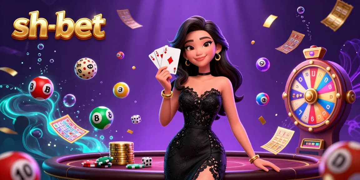 Experience thrilling moments at sh-bet with a glamorous Asian woman holding ace cards amidst dynamic lottery elements and luxurious casino decor.