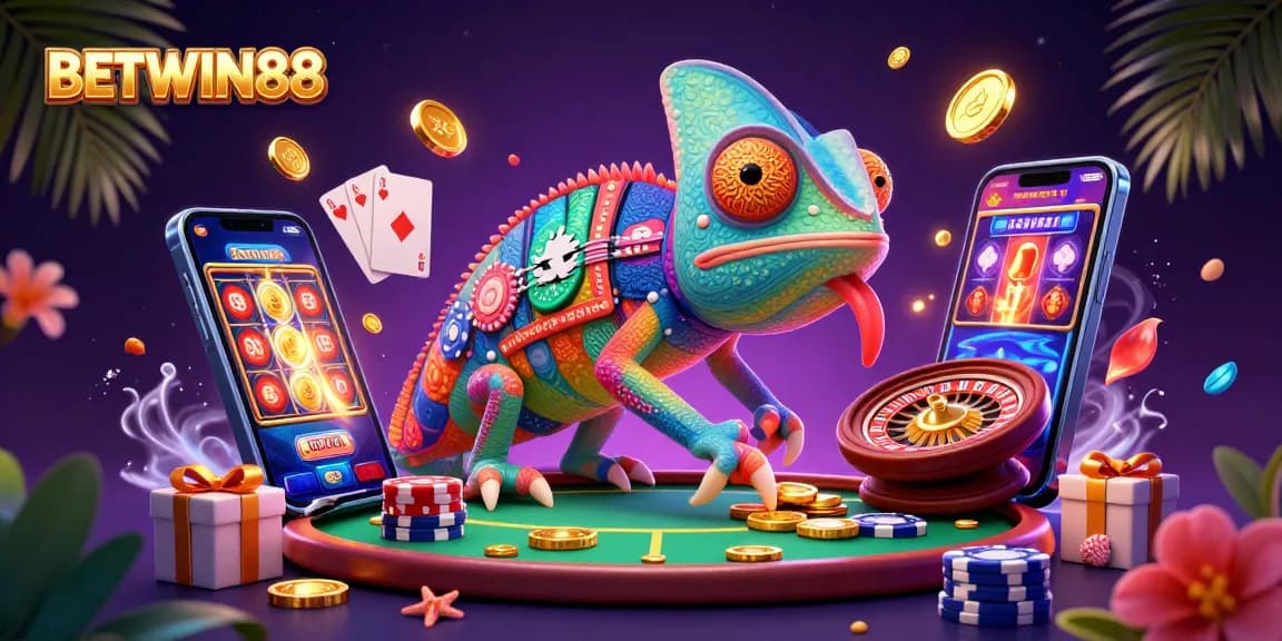 Experience thrilling action with BETWIN88's vibrant casino scene featuring a chameleon owner and multiple game elements.
