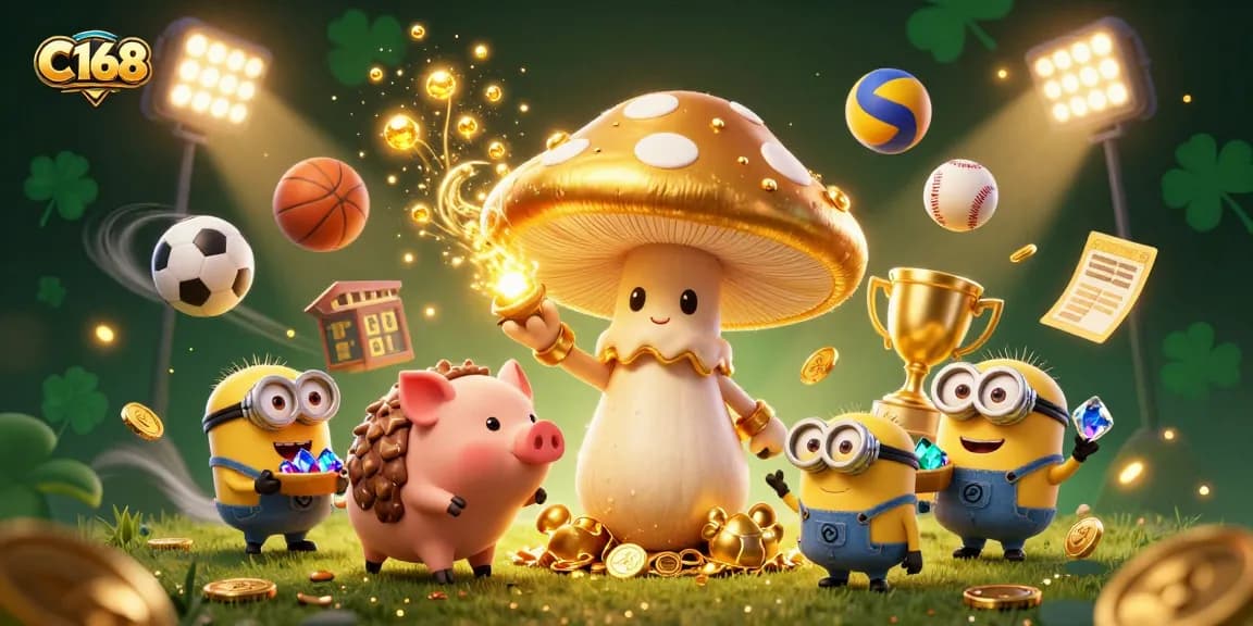 Experience the excitement of C168 with a golden mushroom wizard and treasure-finding pig in an action-packed gaming scene.